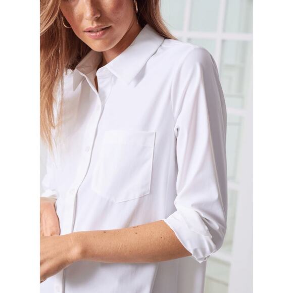 LYSSÉ Schiffer Button Down Shirt Size L White Stretch Top Staple Timeless Career - Picture 2 of 14